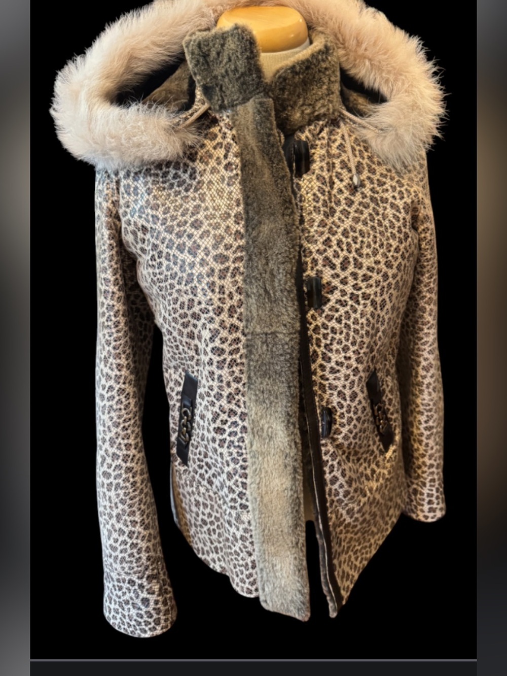 Lionelli lamb skin Leopard Print fur Hooded Coat with Fur Trim for women size S